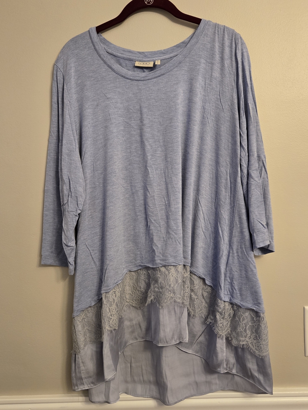 LOGO By Lori Goldstein Light Blue Lace-Hem Women’s Top
